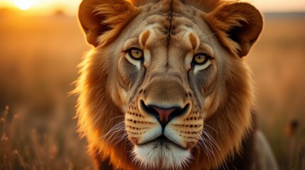 Fototapeta premium Majestic lion looking directly at the camera during golden hour in the African savanna 