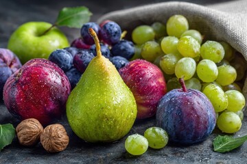 A colorful assortment of fresh fruits including plums, grapes, pears, and walnuts, creating a vibrant and healthy display with water droplets enhancing their appeal.