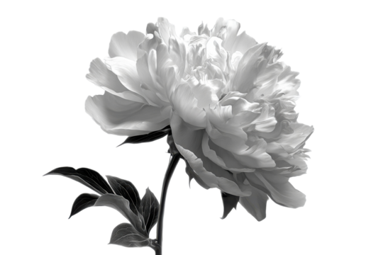 Black and white peony flower in minimalist style nature close-up. Isolated on transparent background, png.