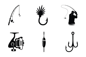 Set of fishing equipment vector icons including fisherman, fishing rod, fishing reel, fishing lure, fishing floats and fishing hook. Outdoor sport and recreation.  © Nazmul