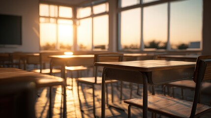 Fototapeta premium Serene Classroom at Sunset with Wooden Desks and Soft Light Illuminating Empty Educational Space