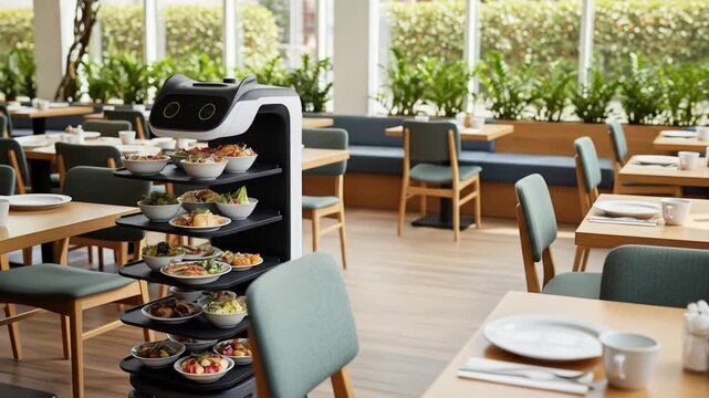 A modern restaurant dining area with tables set for service, featuring a robotic server carrying multiple dishes of food, showcasing advanced automation and technology in hospitality