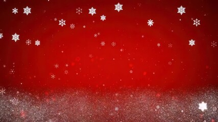 A festive red background with a gentle snowfall of white snowflakes and sparkling lights, perfect for a christmas or winter holiday theme - Powered by Adobe