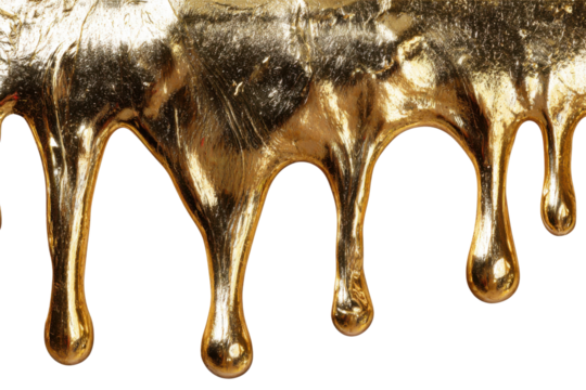 Dripping gold texture studio high-quality image isolated macro. Isolated on transparent background, png.