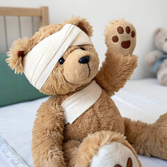 teddy bear toy with bandaged head and paw