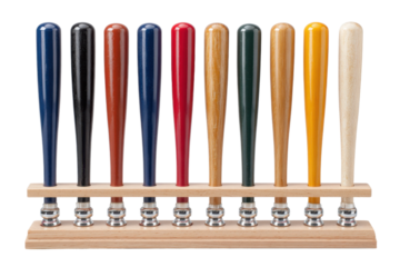 Baseball bat display sports equipment indoor natural light close-up. Isolated on transparent background, png.