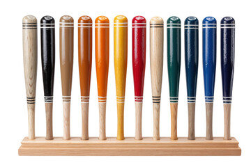 Colorful wooden bats display studio product photography bright. Isolated on transparent background, png.