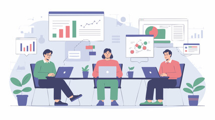 Fototapeta premium Modern Vector SVG Illustration of Business Meeting with Data Charts and Teamwork in Flat Design Style with Blue Green and Red Colors