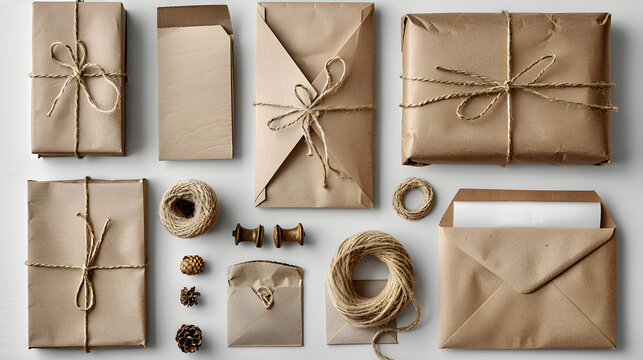 Kraft Paper Packaging Mockup: Envelopes Boxes and String, in high resolution clean minimal style stock photo illustration background image ideal for templates advertisements and web banners showcasing
