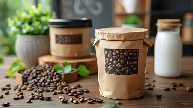 Kraft Paper Packaging Mockup with Coffee Beans and Milk Jars, in high resolution clean minimal style stock photo illustration background image ideal for templates advertisements and web banners showca