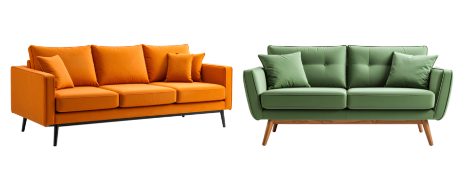 Minimalist Bright Orange Lounge Sofa with Low Profile, Side View, Transparent Green Sofa Sticker with Clean Lines and White Stroke, Transparent Background