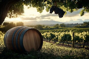 Scenic wine farm with a wooden barrel and grapes.