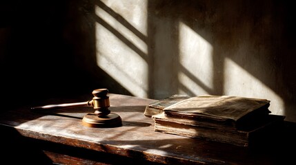 Obraz premium Antique gavel and books on a wooden table.