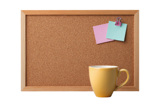 Organizing ideas with cork board and coffee mug home office still life. Isolated on transparent background, png.