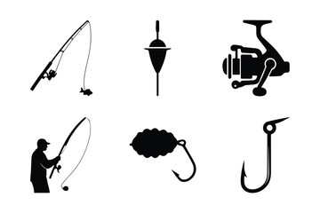 Set of fishing equipment vector icons including fisherman, fishing rod, fishing reel, fishing lure, fishing floats and fishing hook. Outdoor sport and recreation.  © Nazmul
