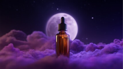 amber dropper bottle glowing under moonlight with clouds in dreamy night sky