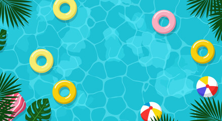 Vibrant Blue Pool Scene Surrounded by Green Tropical Foliage and Floating Beach Balls and Swim Rings &ndash; Summer Leisure Flat Design