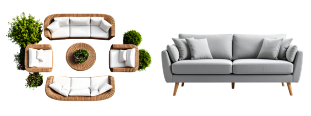 Top-Down Layout of Natural Rattan Patio Set with Sofa, Chairs, and Table on a transparent background PNG Scandinavian Grey Sofa with Wooden Legs and Clean Silhouette, Flat Front View
