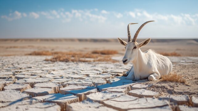 addax resting on cracked desert earth with heatwave and sharp horn detail - Powered by Adobe