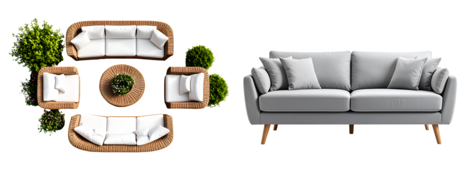 Top-Down Layout of Natural Rattan Patio Set with Sofa, Chairs, and Table on a transparent background PNG Scandinavian Grey Sofa with Wooden Legs and Clean Silhouette, Flat Front View