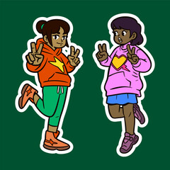 Two Cartoon Girls Posing with Peace Signs, Wearing Hoodies