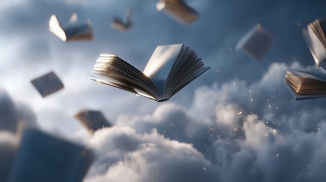 floating metallic book with open pages reflecting clouds in dreamy sky