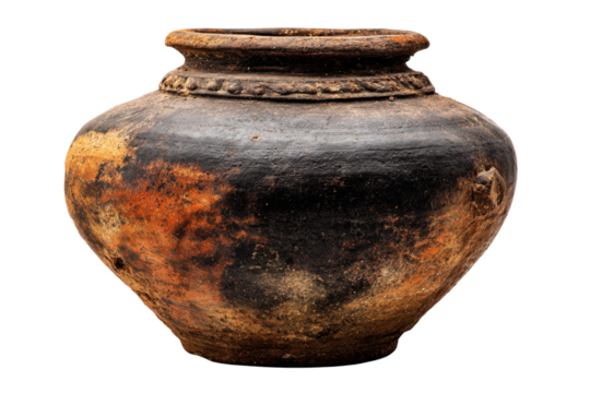 Exploring ancient pottery artifacts in historic archaeological site. Isolated on transparent background, png.