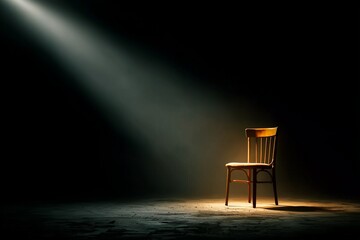 Solitary Wooden Chair in Spotlight with Shadowed Background in a Dark, Empty Room