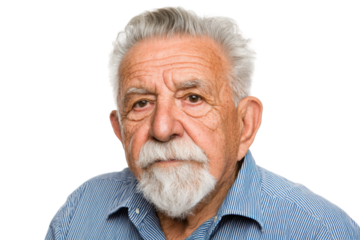 Portrait of elderly man studio photography neutral background close-up. Isolated on transparent background, png.