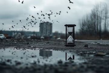 Time Flies: An Hourglass Reflects in a Puddle Amidst Urban Decay and Fleeing Birds