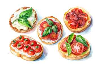 set of watercolor Tomato bruschetta vector illustration isolated on white background