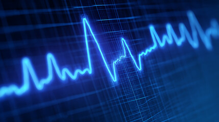 Blue heartbeat waveform on a digital screen, symbolizing health monitoring and technology