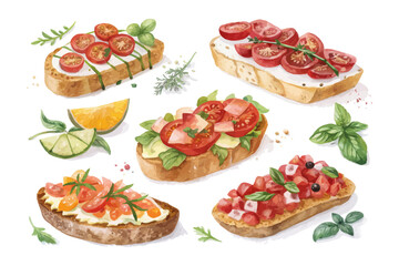set of watercolor Tomato bruschetta vector illustration isolated on white background