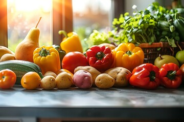 Vibrant Harvest: Fresh Vegetables and Fruit in Sunlit Kitchen Setting