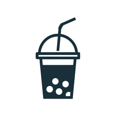 Dark blue icon of a bubble tea drink with a straw and tapioca pearls beverage