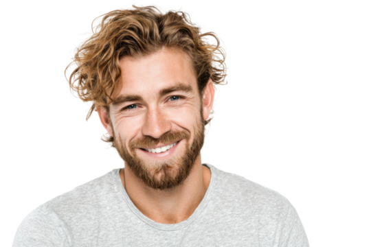 Smiling man portrait studio photography bright background close-up. Isolated on transparent background, png. - Powered by Adobe