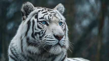 Beautiful white tiger with blue eyes is staring at something in the forest. © tanaes