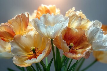 Radiant Tulips: A Symphony of Orange and White Blossoms in Gentle Sunlight