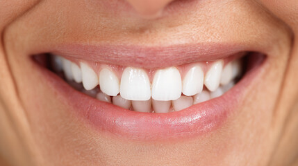 Close-up shot of a bright smile with perfectly aligned, healthy teeth, symbolizing excellent dental care.