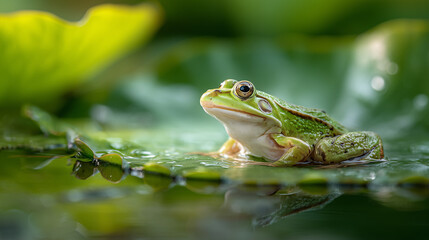 Green frog perched on a lotus leaf floating in a calm pond, its eyes alert as it scans the surroundings for prey.