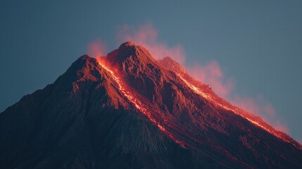 Fototapeta premium Volcano at Sunset with Lava Flows Merging Glowing Sun, Cinematic Slow Motion of Molten Rivers and Volcanic Smoke Dramatic Shadows