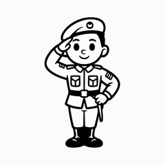 Vector Minimalist Line Art SVG Illustration of a Military Officer in Uniform in Flat Design Style with Black and White Colors
