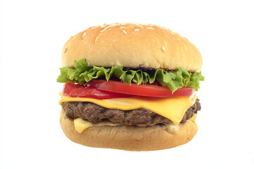 a hamburger with cheese tomato and lettuce