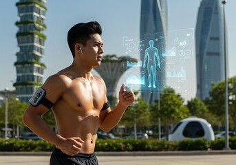 Man running in futuristic city with health data hologram overlay