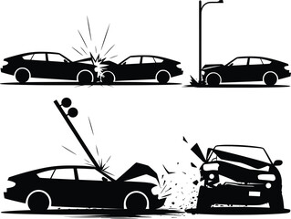 Vintage Car Crash Vector Illustration Set, Retro Collision and Damage Icons.