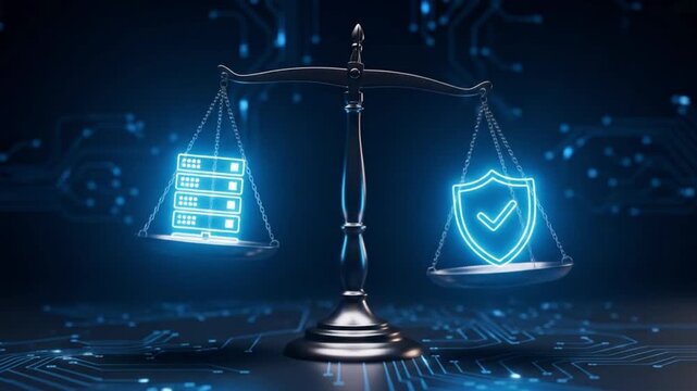 A digital scales of justice balancing a server rack and a shield with a checkmark, representing data security and legal compliance in technology