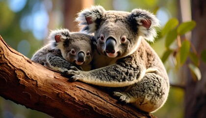 Fototapeta premium Mother Koala and Joey Cuddle on a Branch in Natural Sunlight