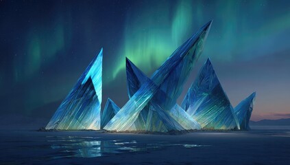 Crystalline structures, illuminated by aurora, on a frozen plain