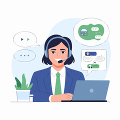 Modern Flat Vector SVG Illustration of Customer Service Agent with Headset and Chat Bubbles in Blue Green Colors