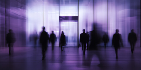 Business people walking towards a glass building with motion blur.